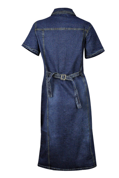 Clove Jeans Women Long Dress Short Sleeves Blue Stretch Denim
