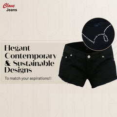 Black Hot Pants with Frayed Hem and Diamante Pocket | Clove Jeans