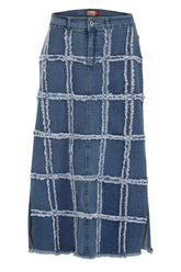 Blue Maxi Denim Skirt - Size 12-24, Frayed Grid | Clove Jeans