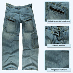 Blue Mid-Waisted Wide Leg Cargo Jeans for Women | Clove Jeans