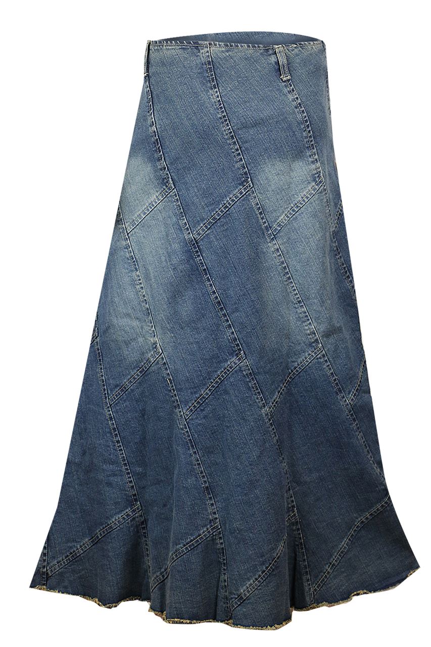 Clove Long Patched Washed Blue Denim Jeans Skirt