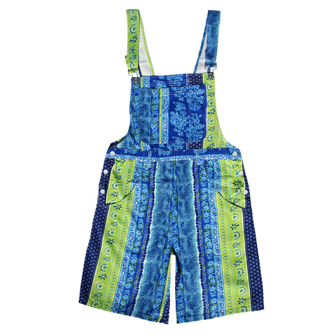 Clove Jeans Womens short dungarees Rompers playsuit for Tropical Summer Holiday in Colourful Yellow and Blue Leafy print in soft cotton twill finish