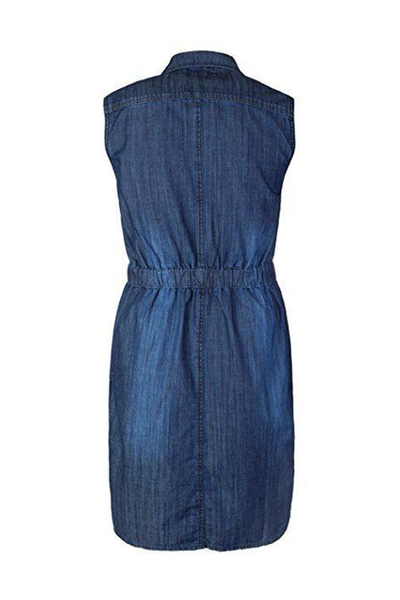 Round Neck Short Sleeves Blue Denim Dress