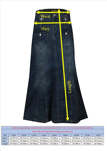 Front Pocket Blue Denim Long Jeans Skirt