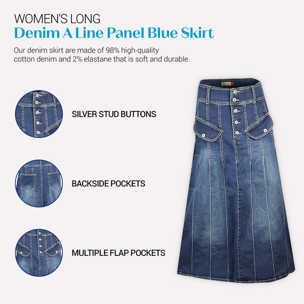 Clove Jeans Women's A Line Skirt Panel Stone Wash Denim Long Maxi Skirts 12-24