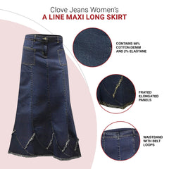 A-Line Blue Denim Maxi Skirt with Frayed Hem | Clove Jeans
