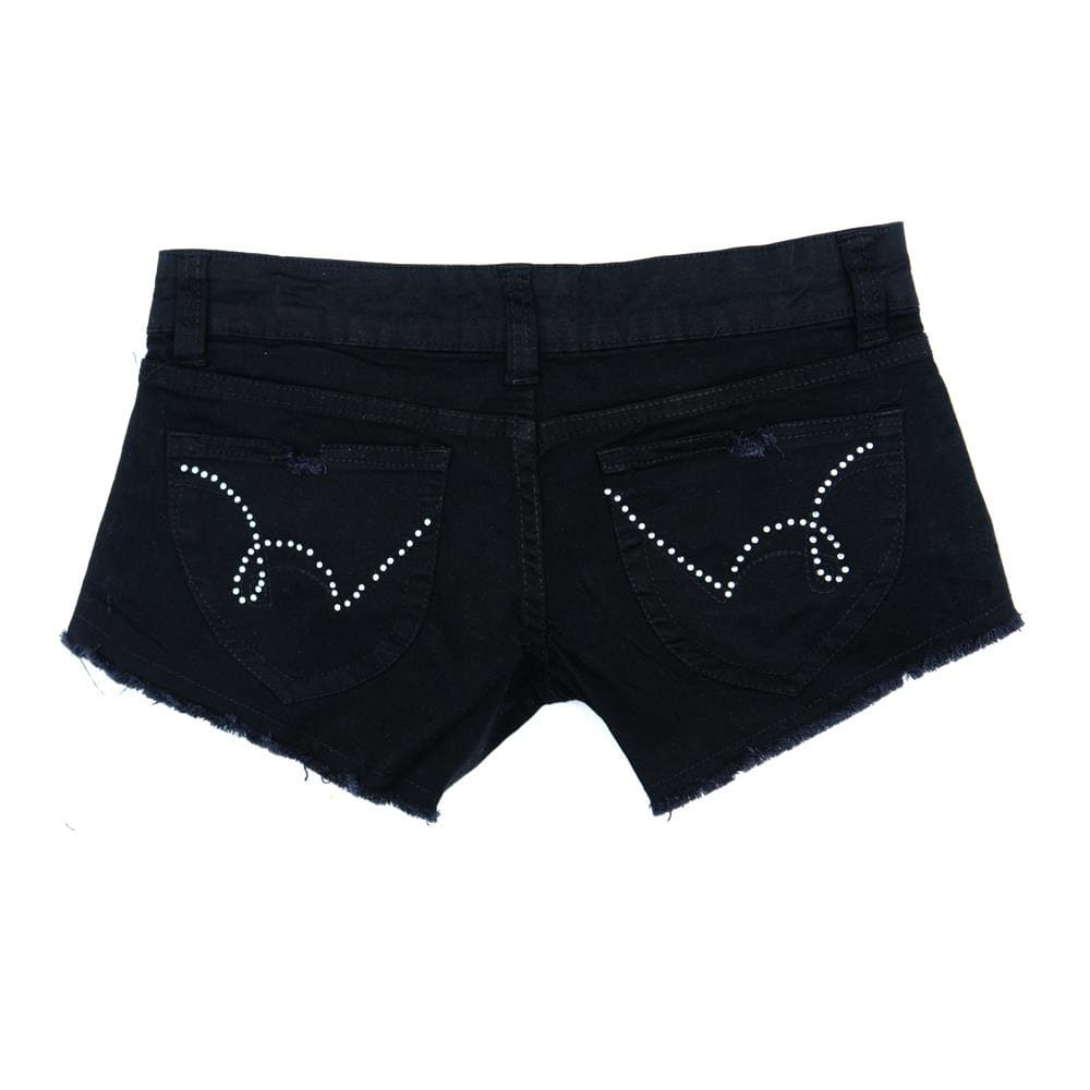 Black Hot Pants with Frayed Hem and Diamante Pocket | Clove Jeans