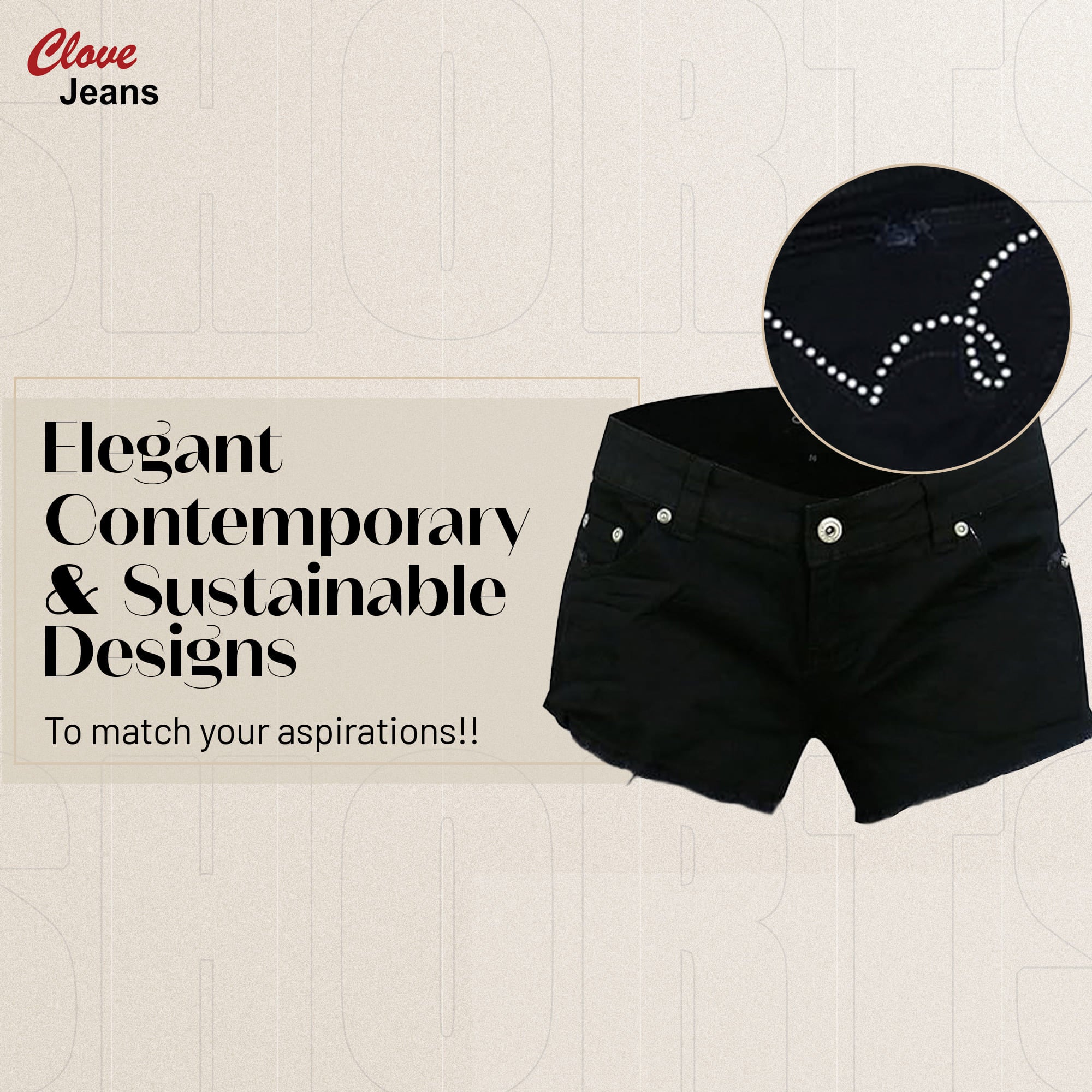 Black Hot Pants with Frayed Hem and Diamante Pocket | Clove Jeans