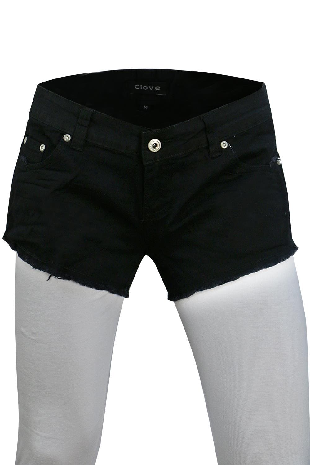 Black Hot Pants with Frayed Hem and Diamante Pocket | Clove Jeans