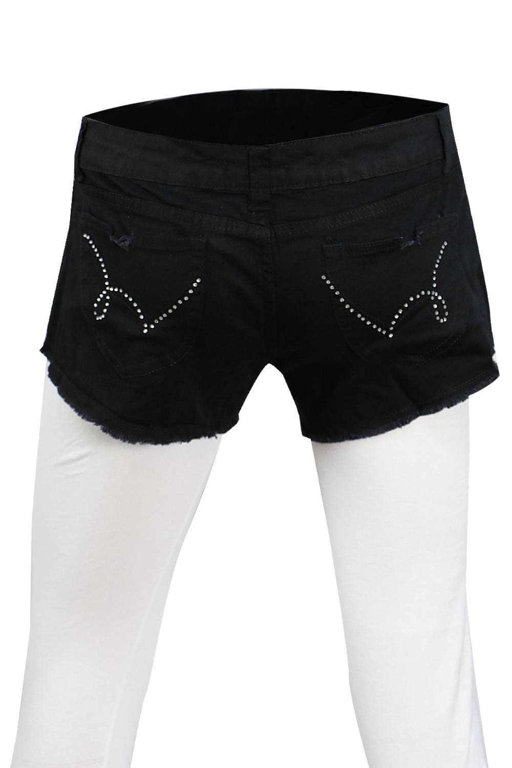Black Hot Pants with Frayed Hem and Diamante Pocket | Clove Jeans