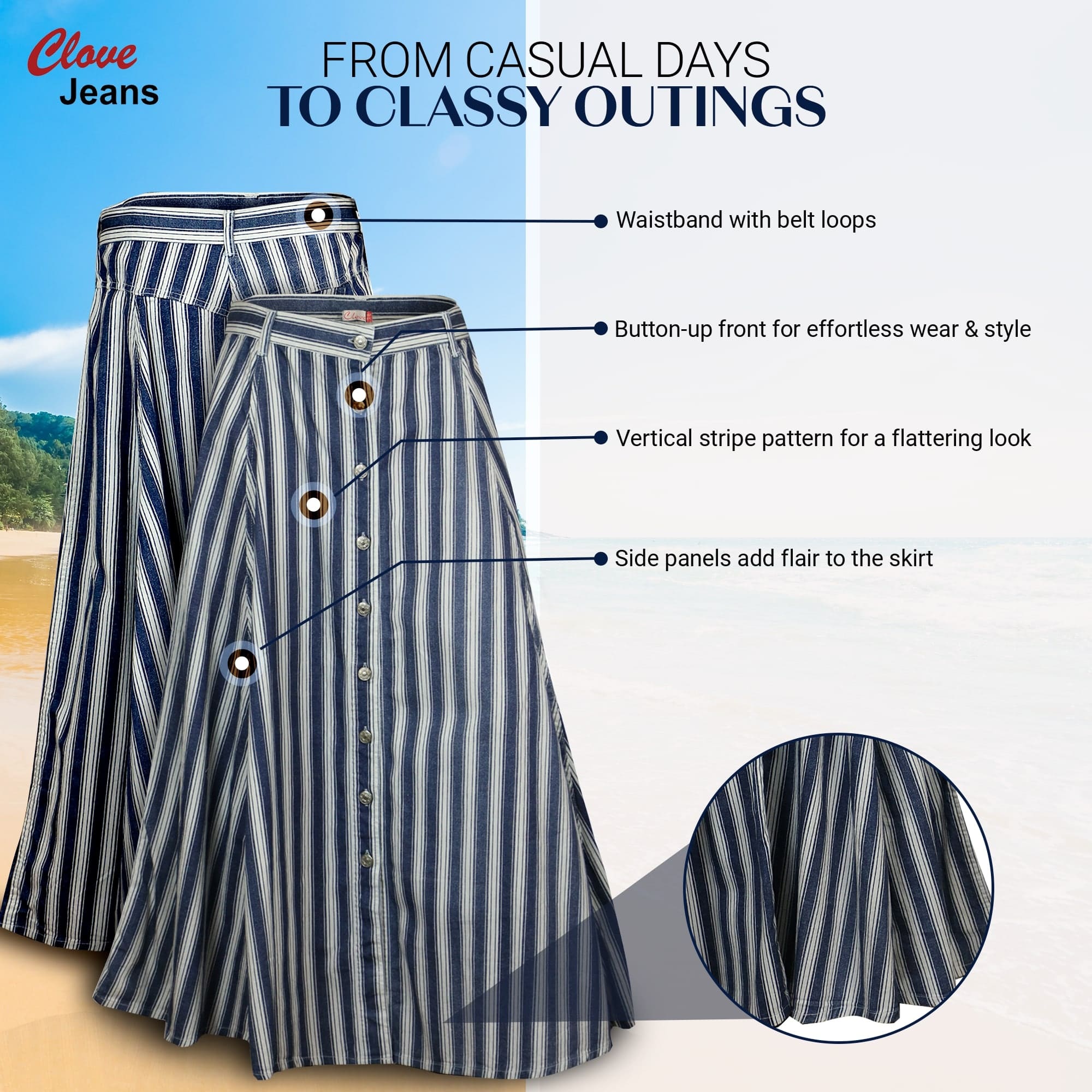 Blue and White Stripe Cotton Long Skirt for Women | Clove Jeans