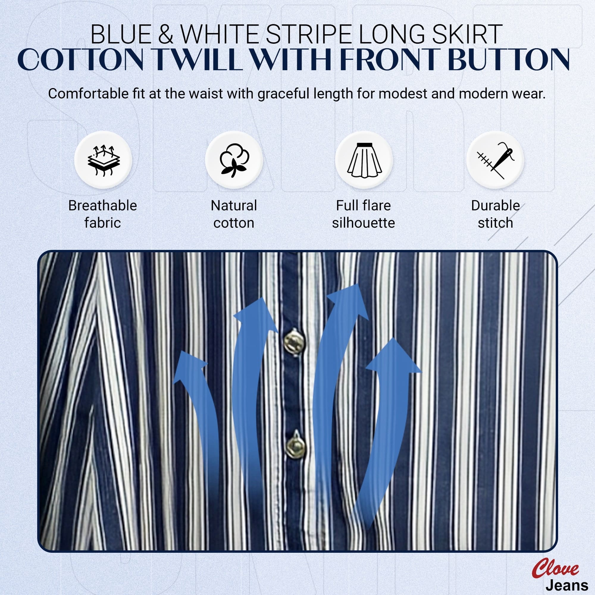 Blue and White Stripe Cotton Long Skirt for Women | Clove Jeans