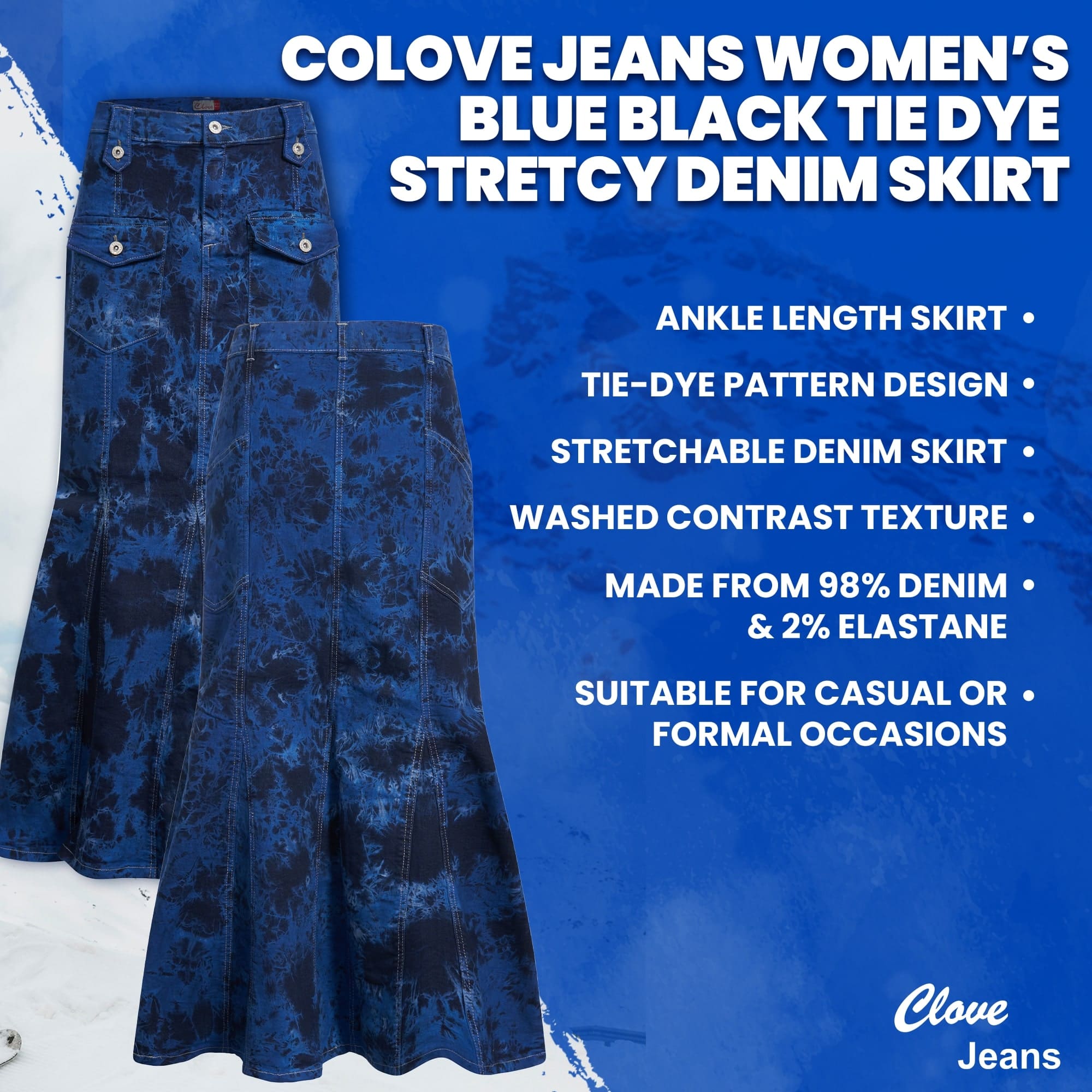 Blue-Black Tie-Dye A Line Denim Skirt - UK 10-24| Clove Jeans