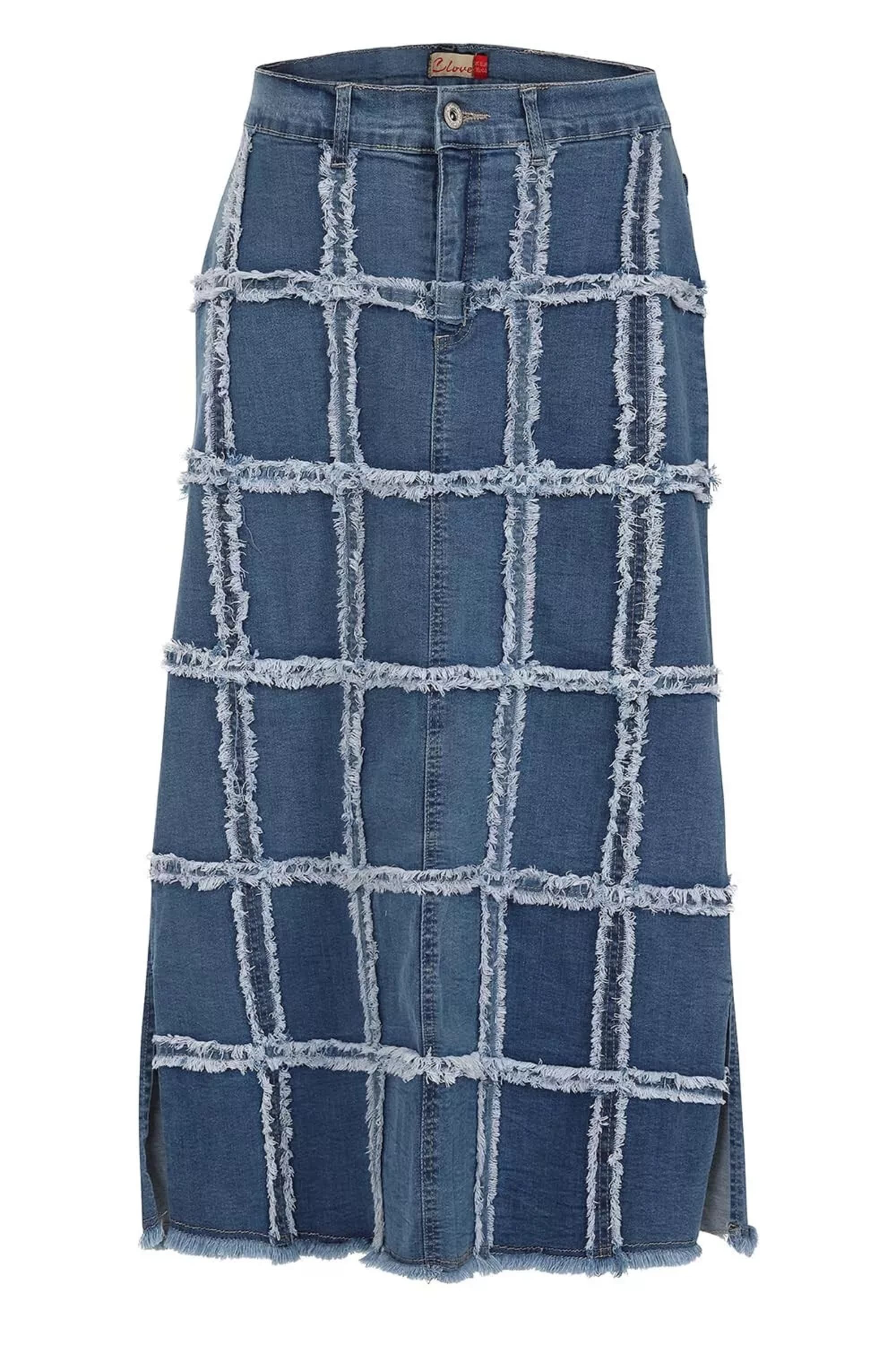 Blue Maxi Denim Skirt - Size 12-24, Frayed Grid | Clove Jeans