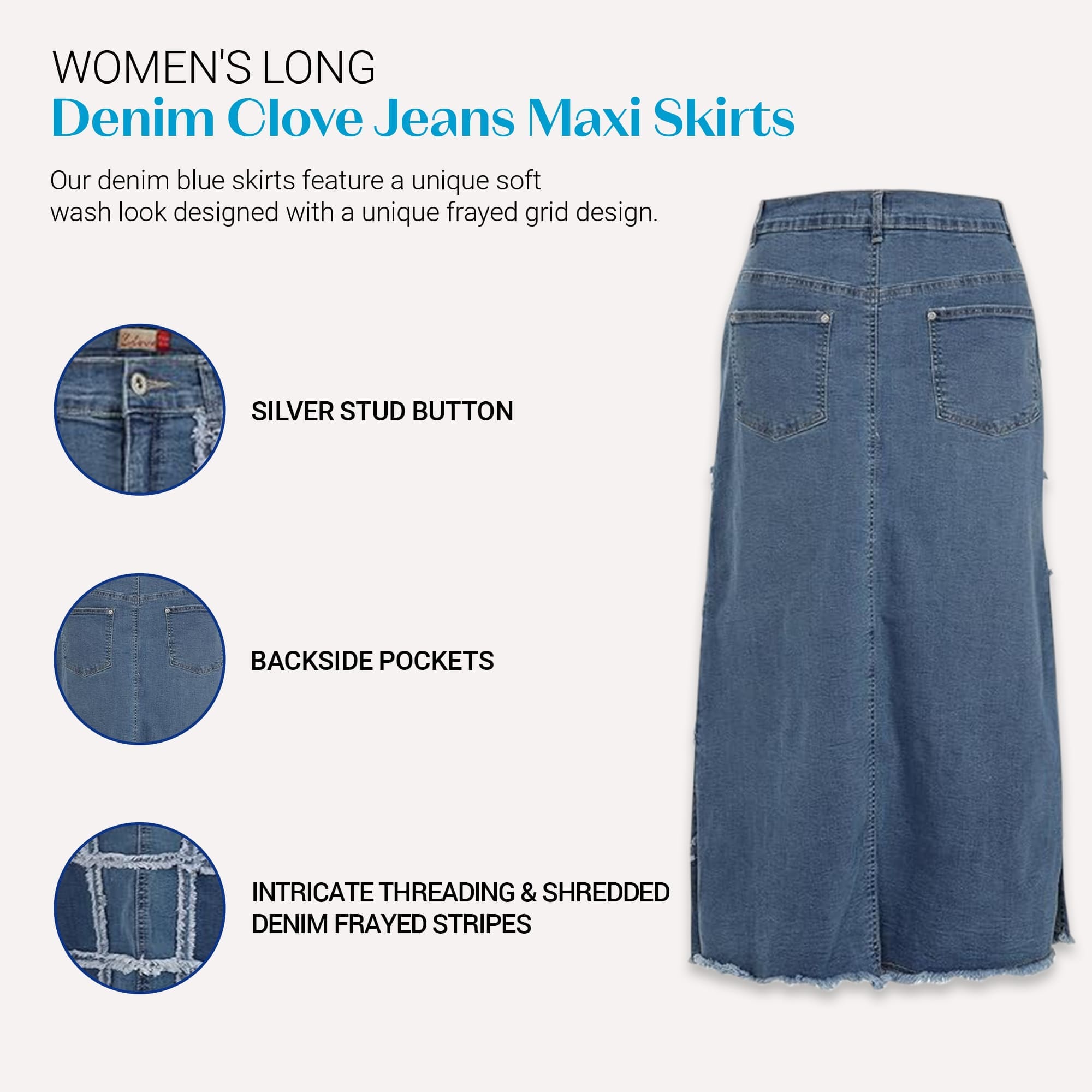 Blue Maxi Denim Skirt - Size 12-24, Frayed Grid | Clove Jeans