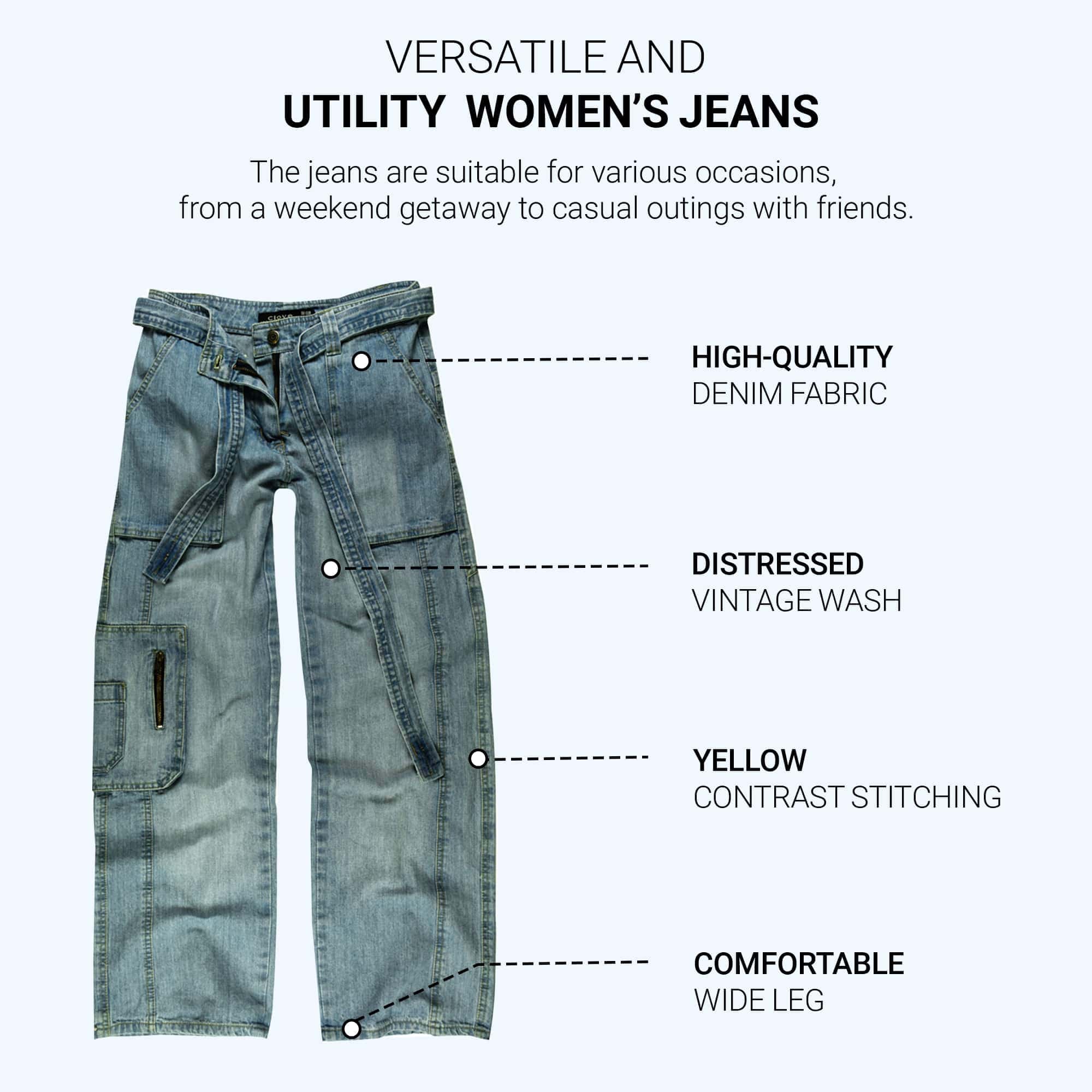 Blue Mid-Waisted Wide Leg Cargo Jeans for Women | Clove Jeans