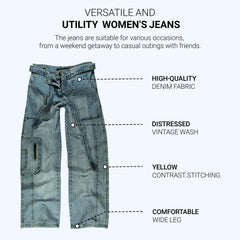 Blue Mid-Waisted Wide Leg Cargo Jeans for Women | Clove Jeans