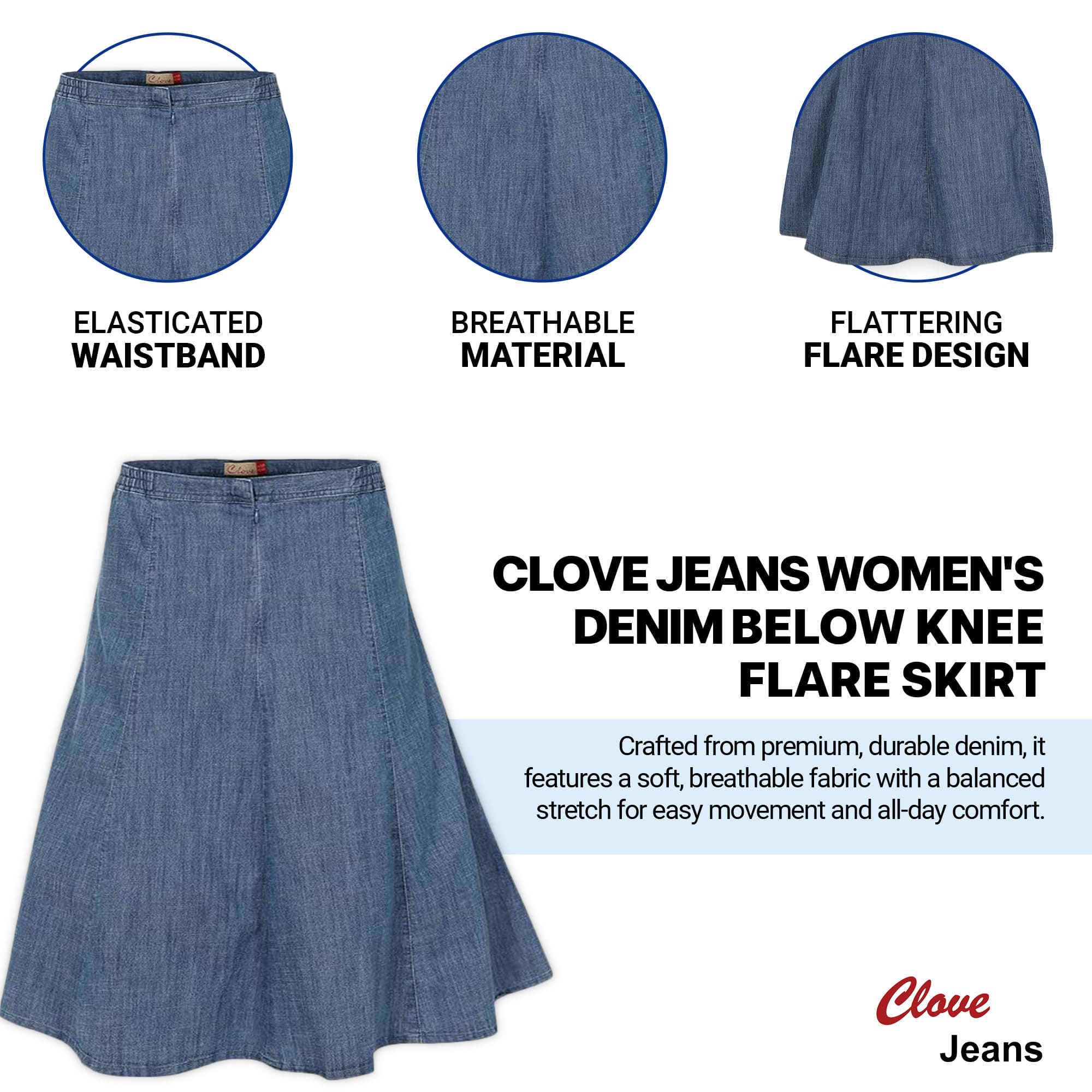 Flawless A-Line Denim Skirt Below Knee 10-28 | Clove Jeans