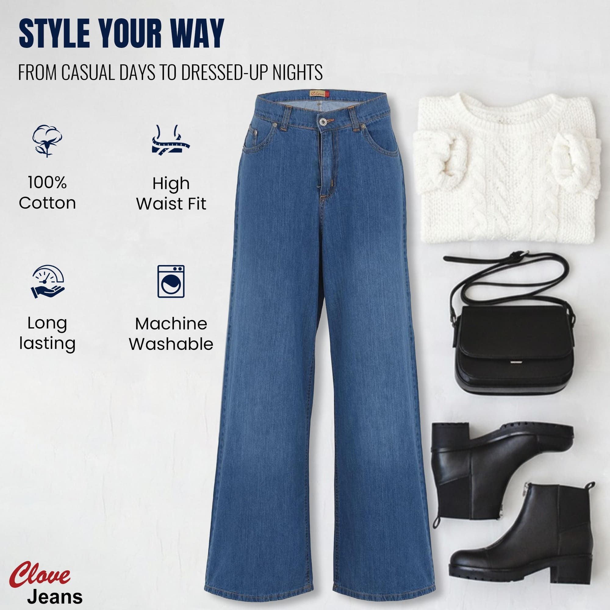 High Waist Wide Leg Women’s Jeans, Light Blue | Clove Jeans