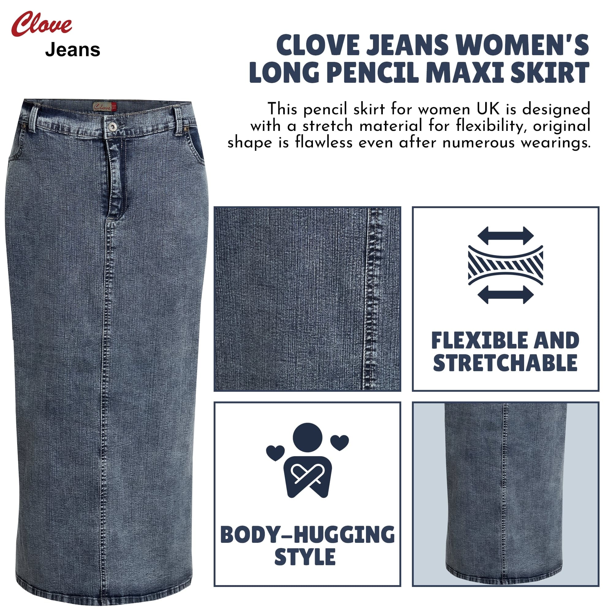 Plus Size Long Denim Maxi Pencil Skirt for Women | Clove Jeans