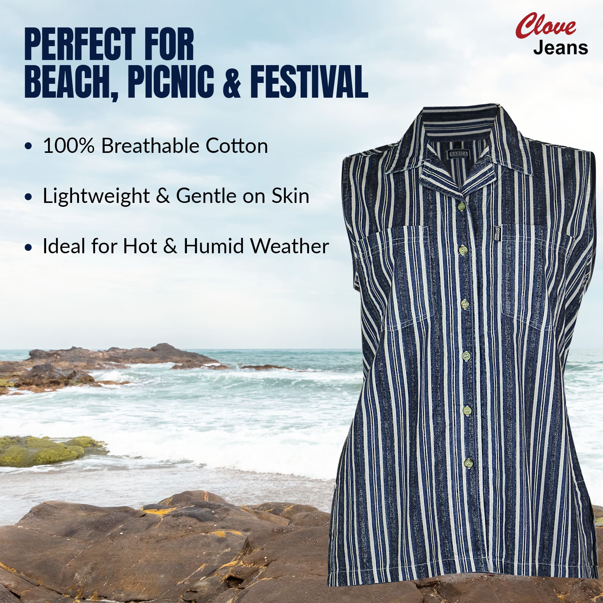 Sabica Blue-Grey Cotton Women's Striped Shirt Plus | Clove Jeans