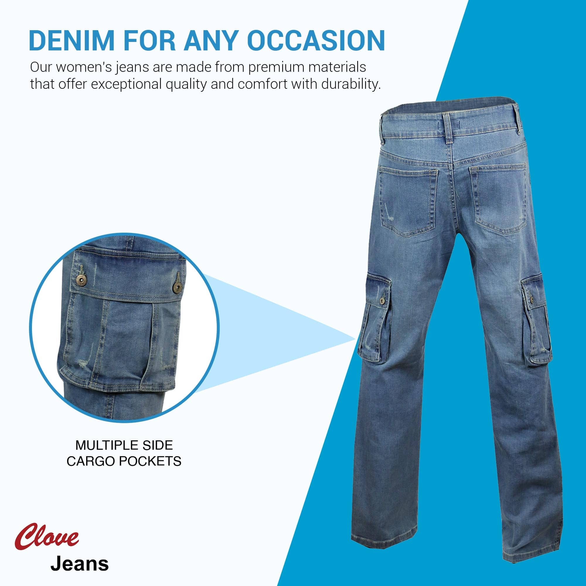 Stretch Denim Wide Leg Cargo Jeans for Women | Clove Jeans