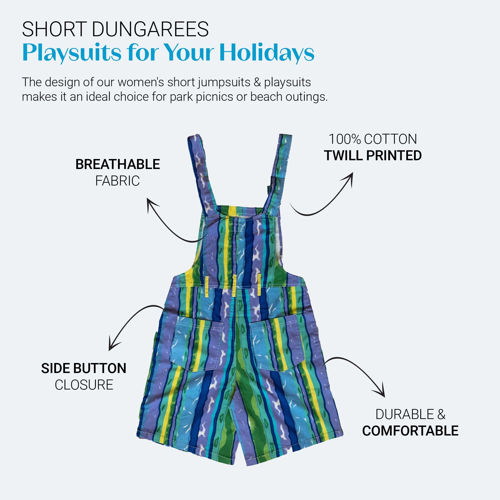 Women’s 100% Cotton Short Dungarees, Striped 10-18 | Clove Jeans