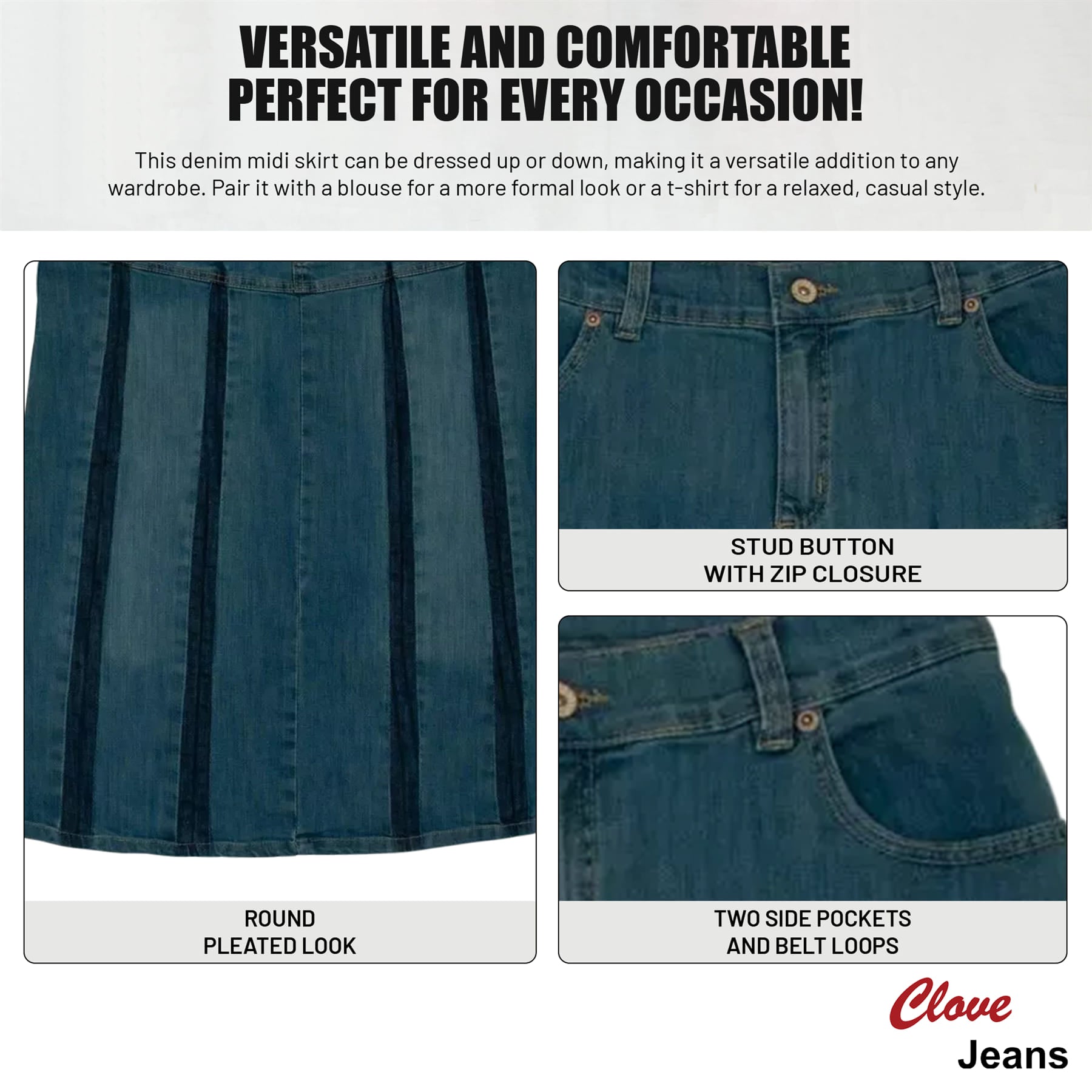 Women’s A-Line Pleated Denim Midi Skirt, Plus Size | Clove Jeans