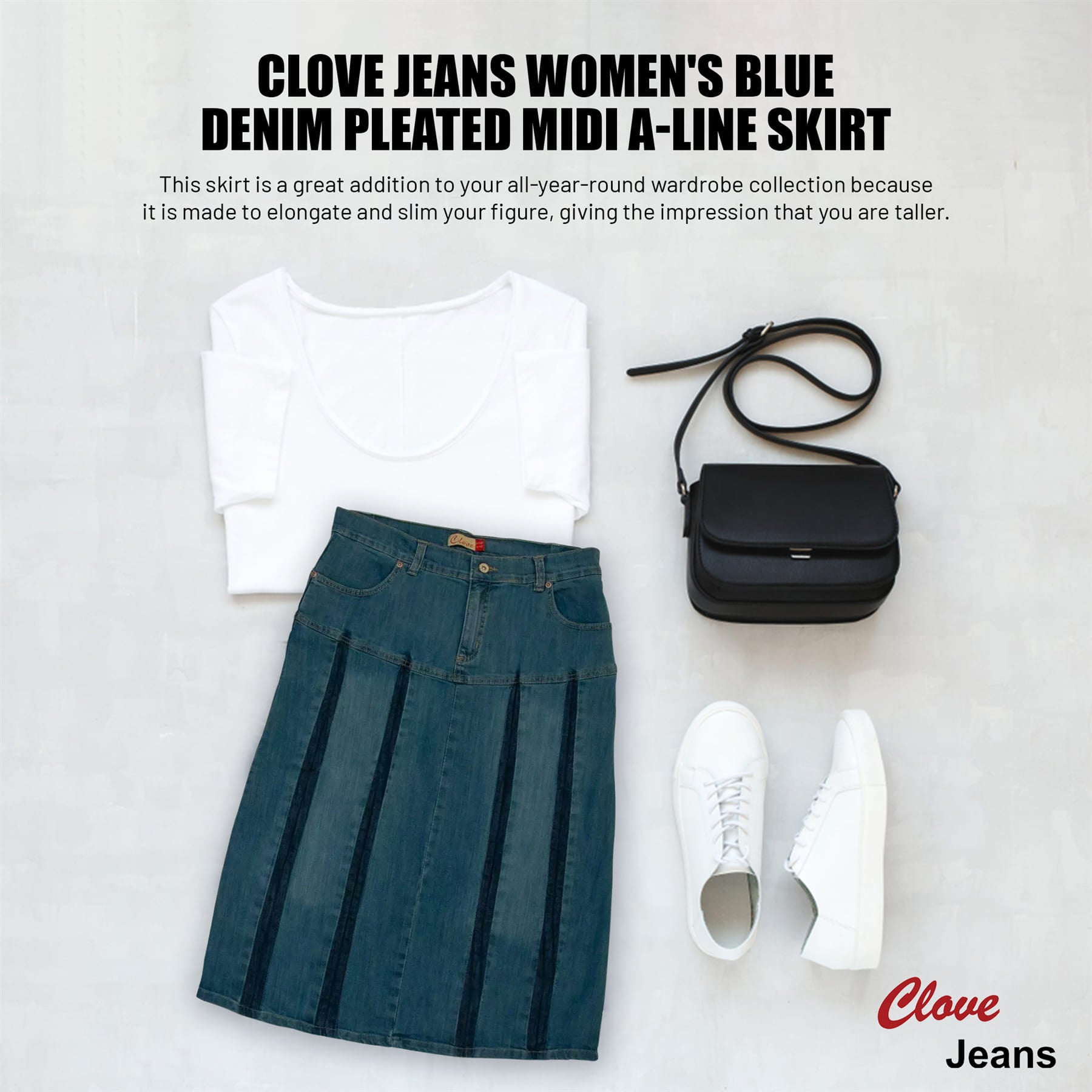 Women’s A-Line Pleated Denim Midi Skirt, Plus Size | Clove Jeans