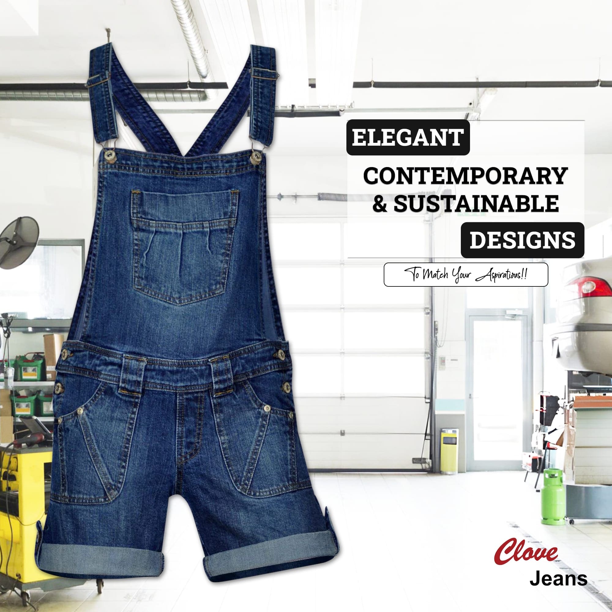 Women’s Blue Stretch Denim Short Dungarees | 8-22 | Clove Jeans